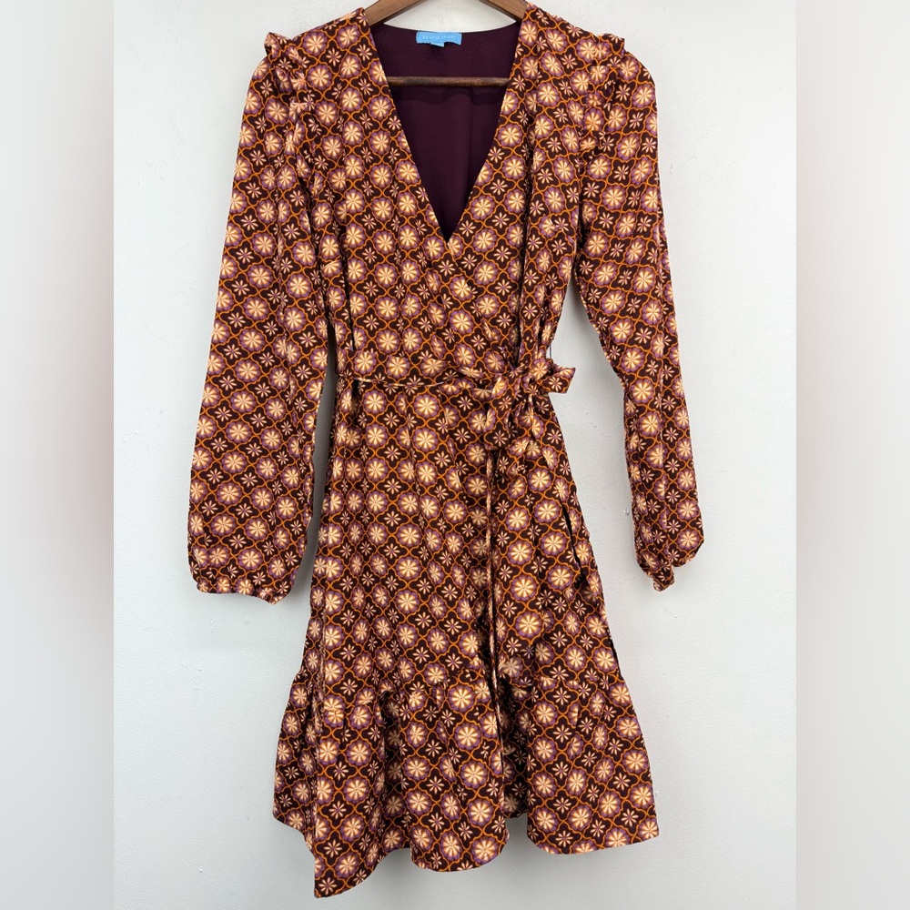 Draper James size XS Women’s Brown Geometric Floral Long Sleeve Wrap Mini Dress